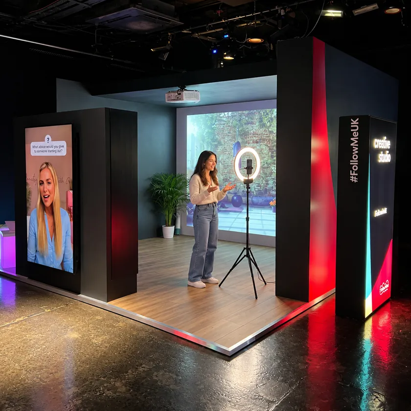 Person using a touchscreen inside a room as projections on three walls change to a new themed environment