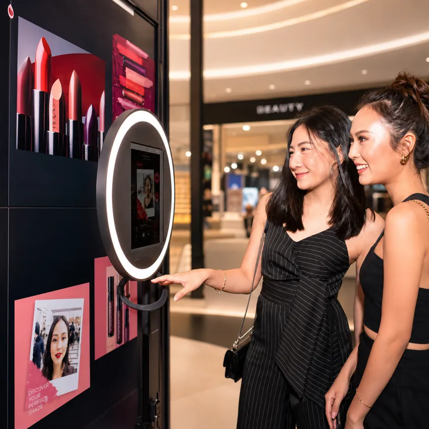 Two shoppers smiling at an AR kiosk with a ring light, trying on lipstick shades beside a display of lipsticks in a department store