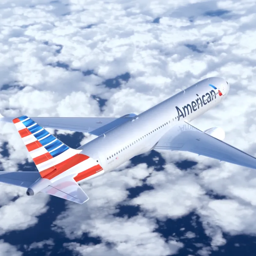 Photoreal CGI still of an airliner in the new livery flying above the clouds, viewed from above and behind
