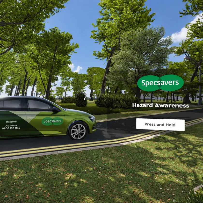 Branded estate car parked on a tree-lined road in a real-time 3D environment, with a hazard awareness title and press and hold prompt